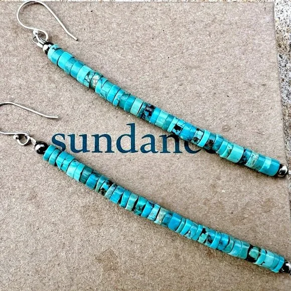 Sundance $148 NEW 4" Turquoise Heishi Sterling Silver Handmade Beaded Earrings - Picture 12 of 12